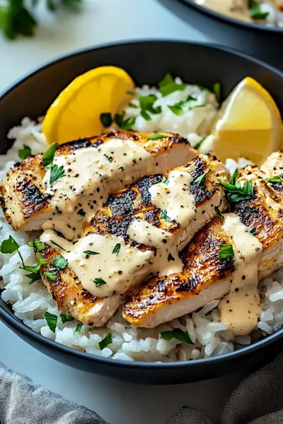 Chicken & Rice Bowls with Creamy Garlic Sauce