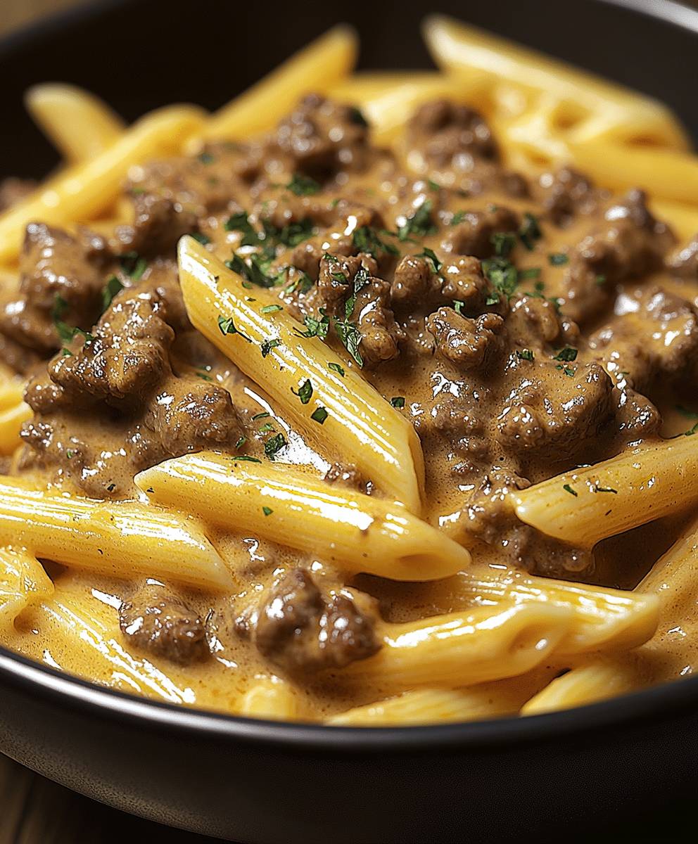 Creamy Beef Stroganoff Penne