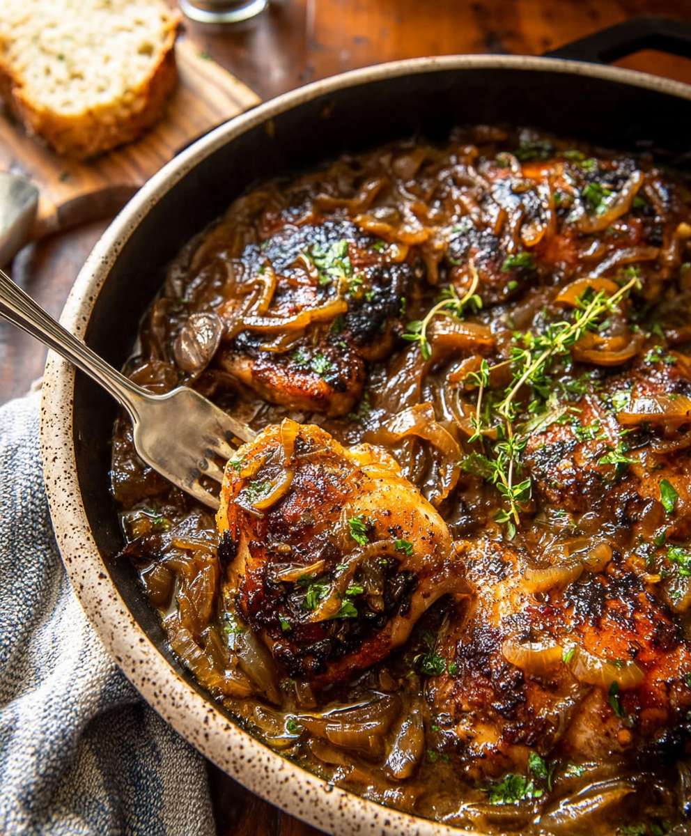 Cider Braised Chicken Caramelized Onions