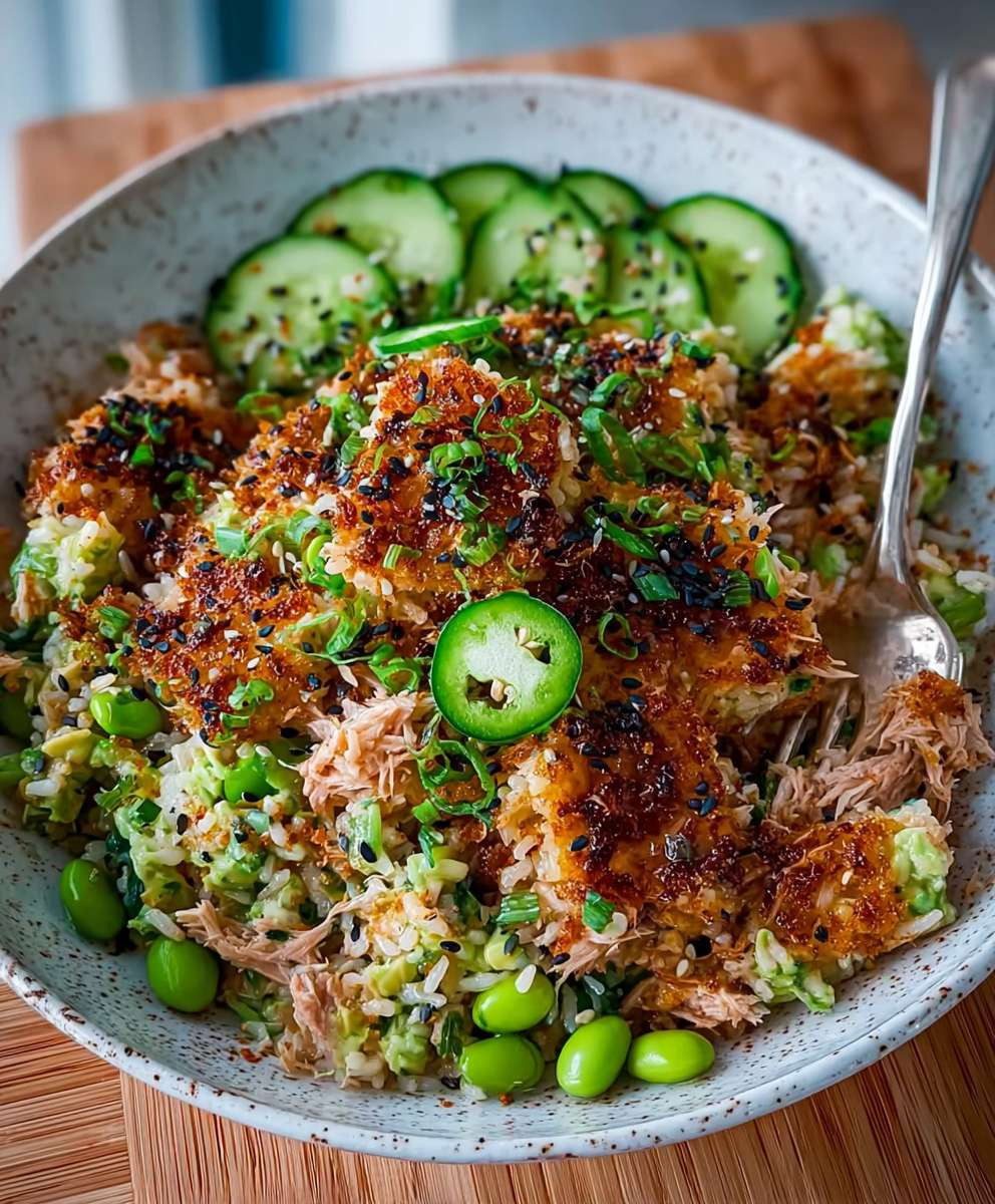 Tuna avocado crispy rice salad