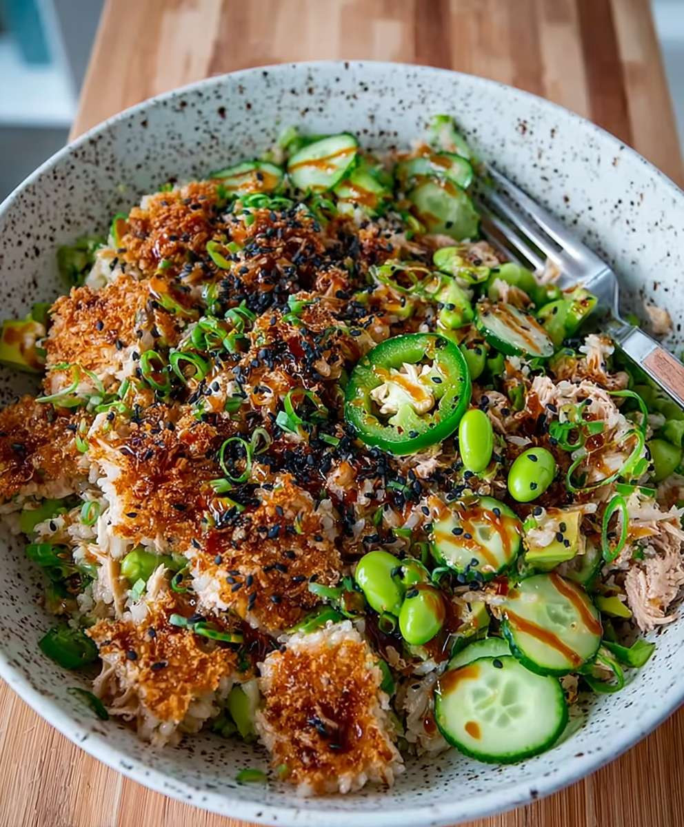 Tuna avocado crispy rice salad