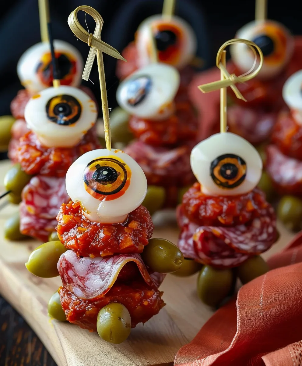 Spooky Halloween Skewered Beef Salami Eyeballs Recipe