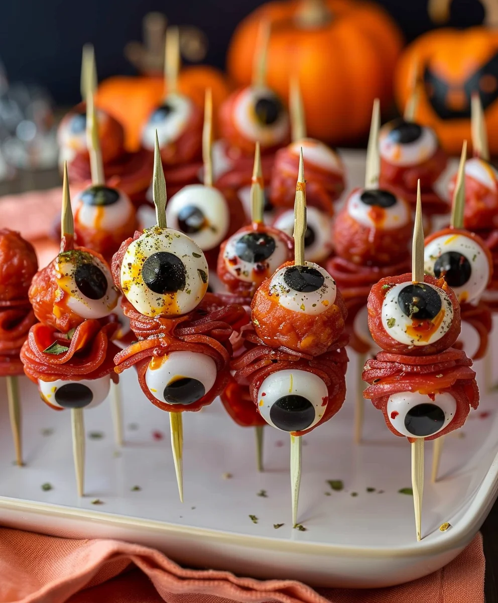Spooky Halloween Skewered Beef Salami Eyeballs Recipe