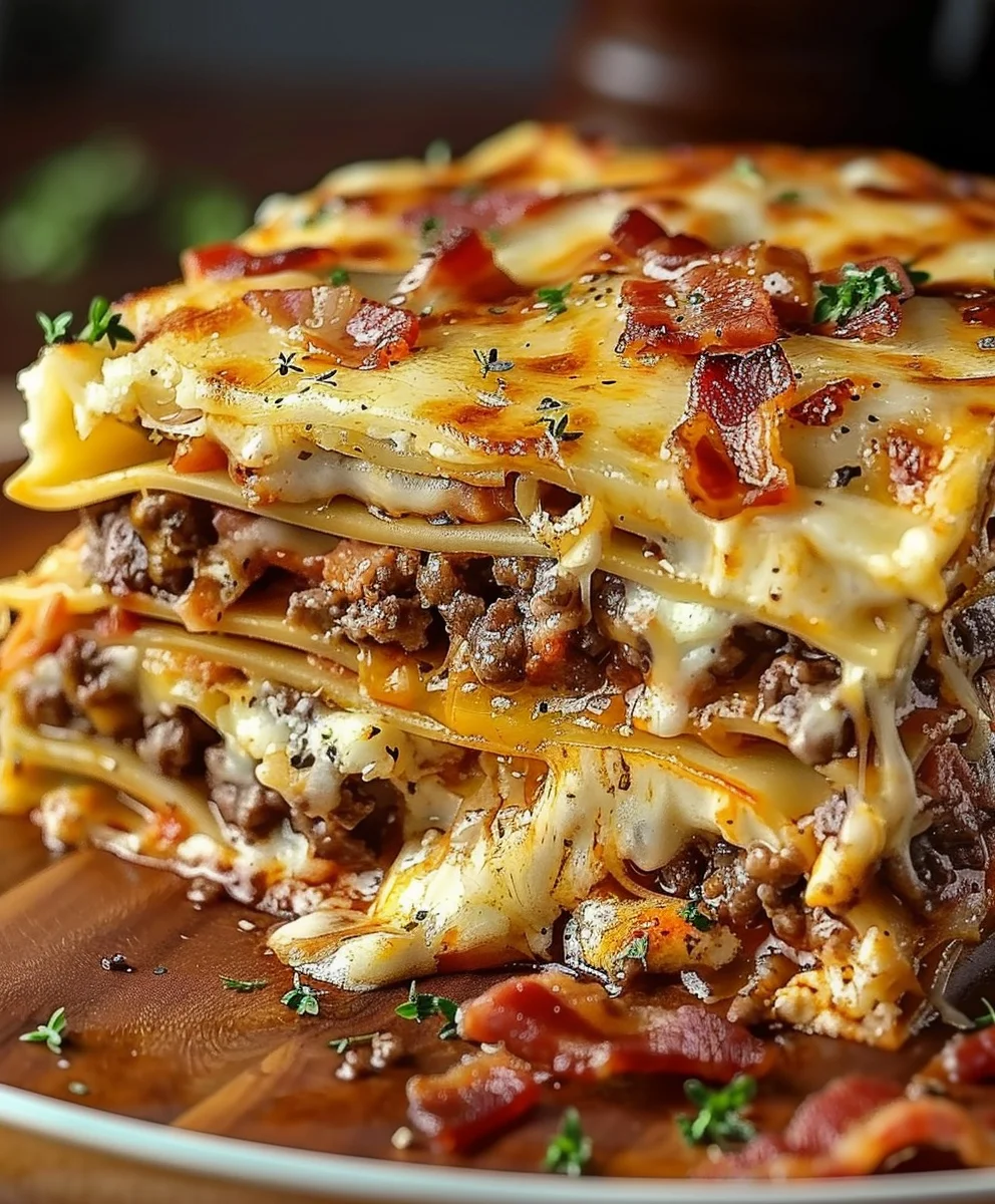 Ultimate Parmesan Garlic Beef Bacon Cheeseburger Lasagna