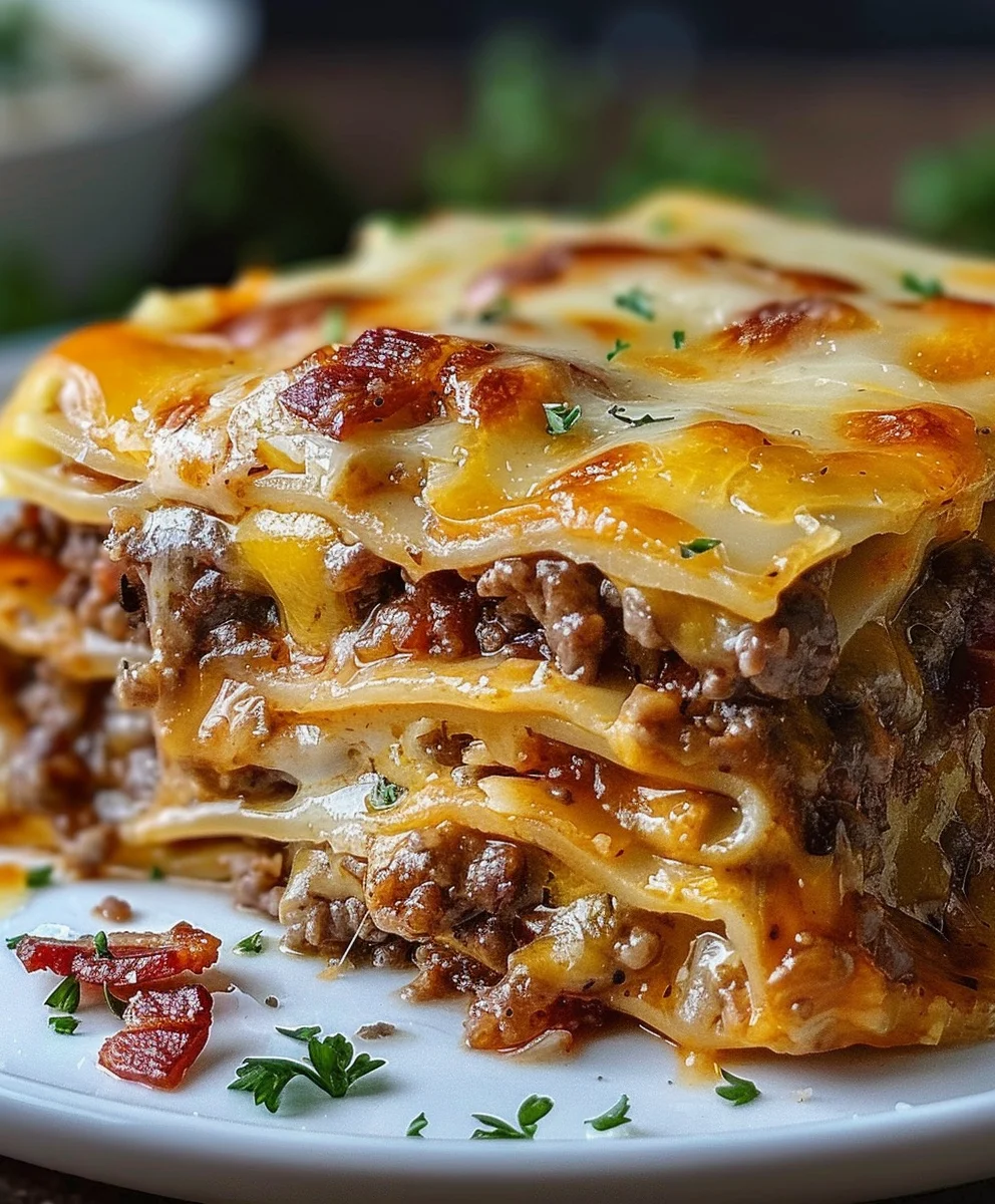 Ultimate Parmesan Garlic Beef Bacon Cheeseburger Lasagna