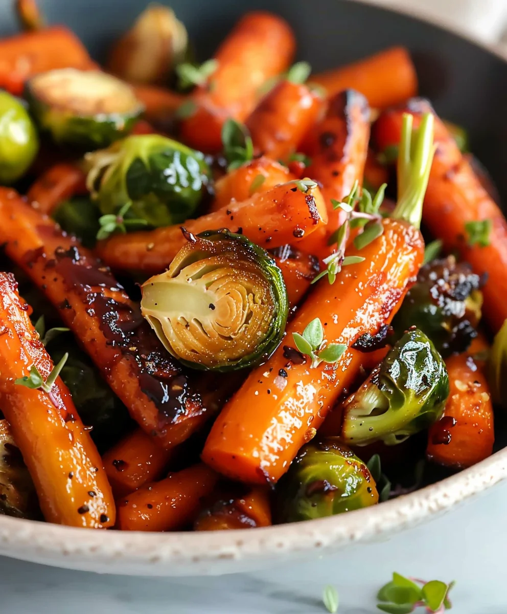 Delicious Crispy Maple Glazed Carrots & Brussels Sprouts