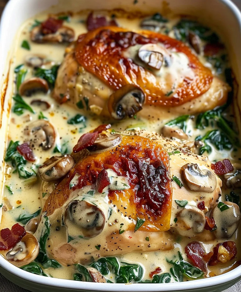 Smothered Chicken With Creamed Spinach Beef Bacon And Mushrooms