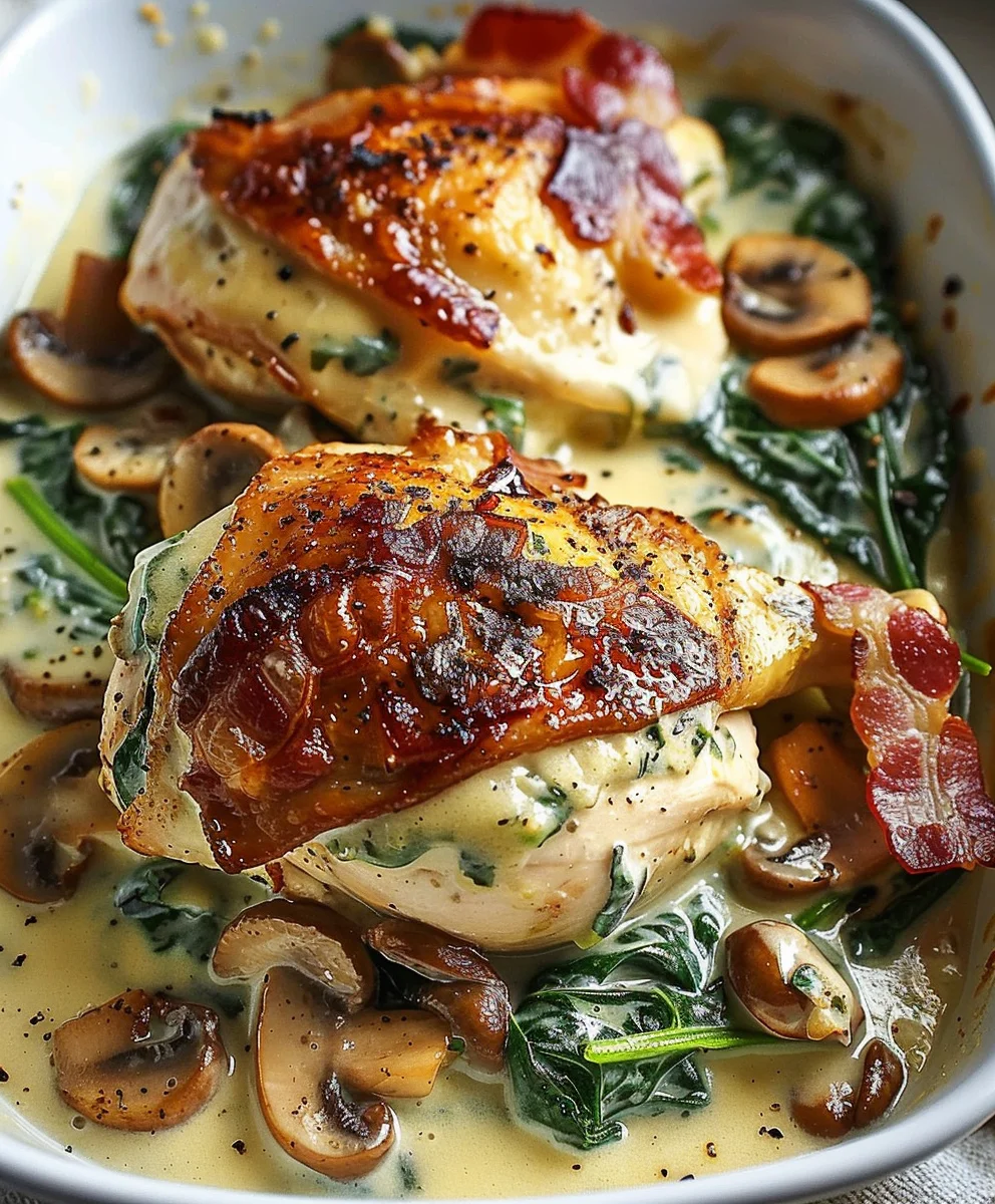 Smothered Chicken: Creamed Spinach, Beef Bacon & Mushroom Bliss