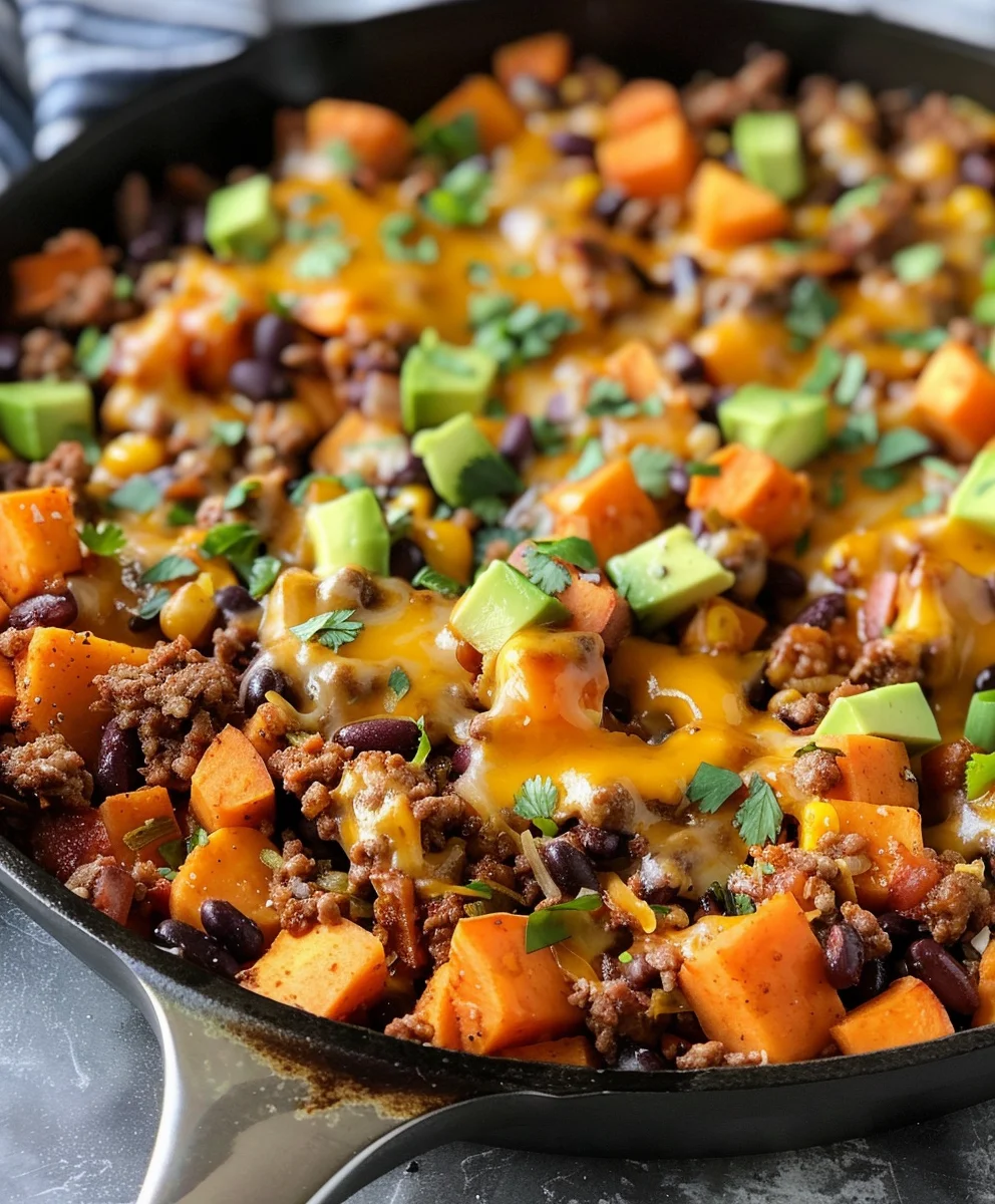 Easy Cheesy Tex Mex Beef & Sweet Potato Skillet Meal