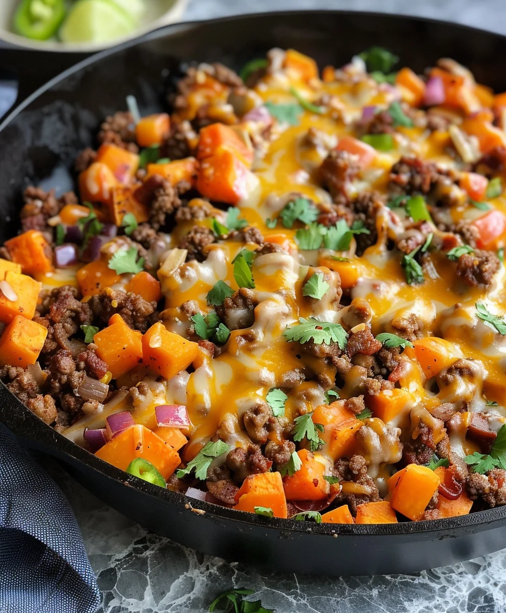 Easy Cheesy Tex Mex Beef & Sweet Potato Skillet Meal