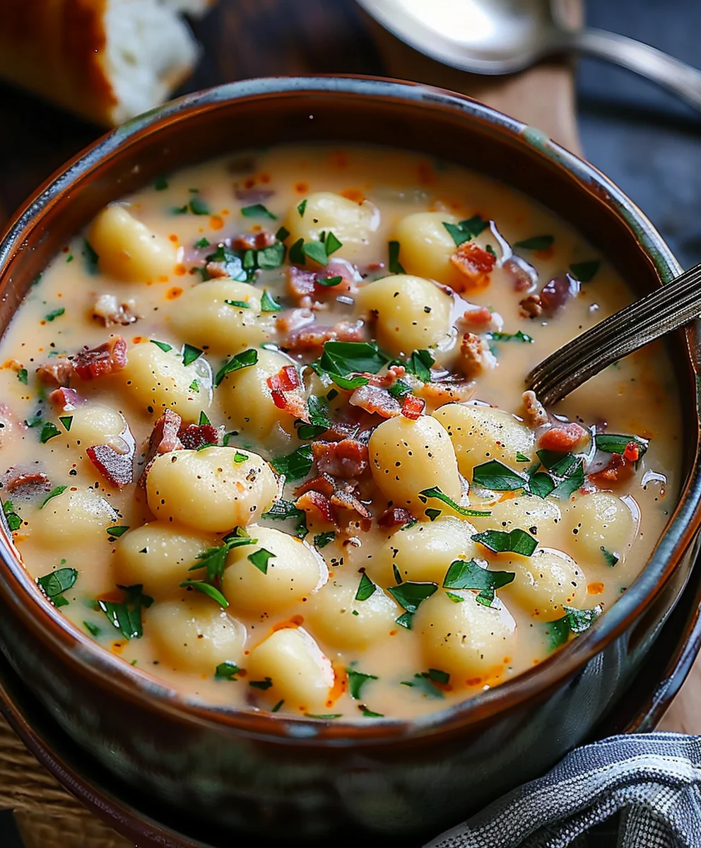Creamy Beef Bacon Cheddar Gnocchi Soup