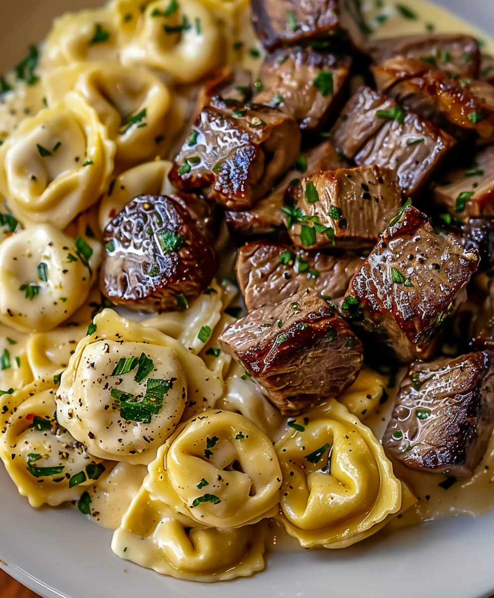 Juicy Garlic Butter Steak Bites & Creamy Alfredo Tortellini
