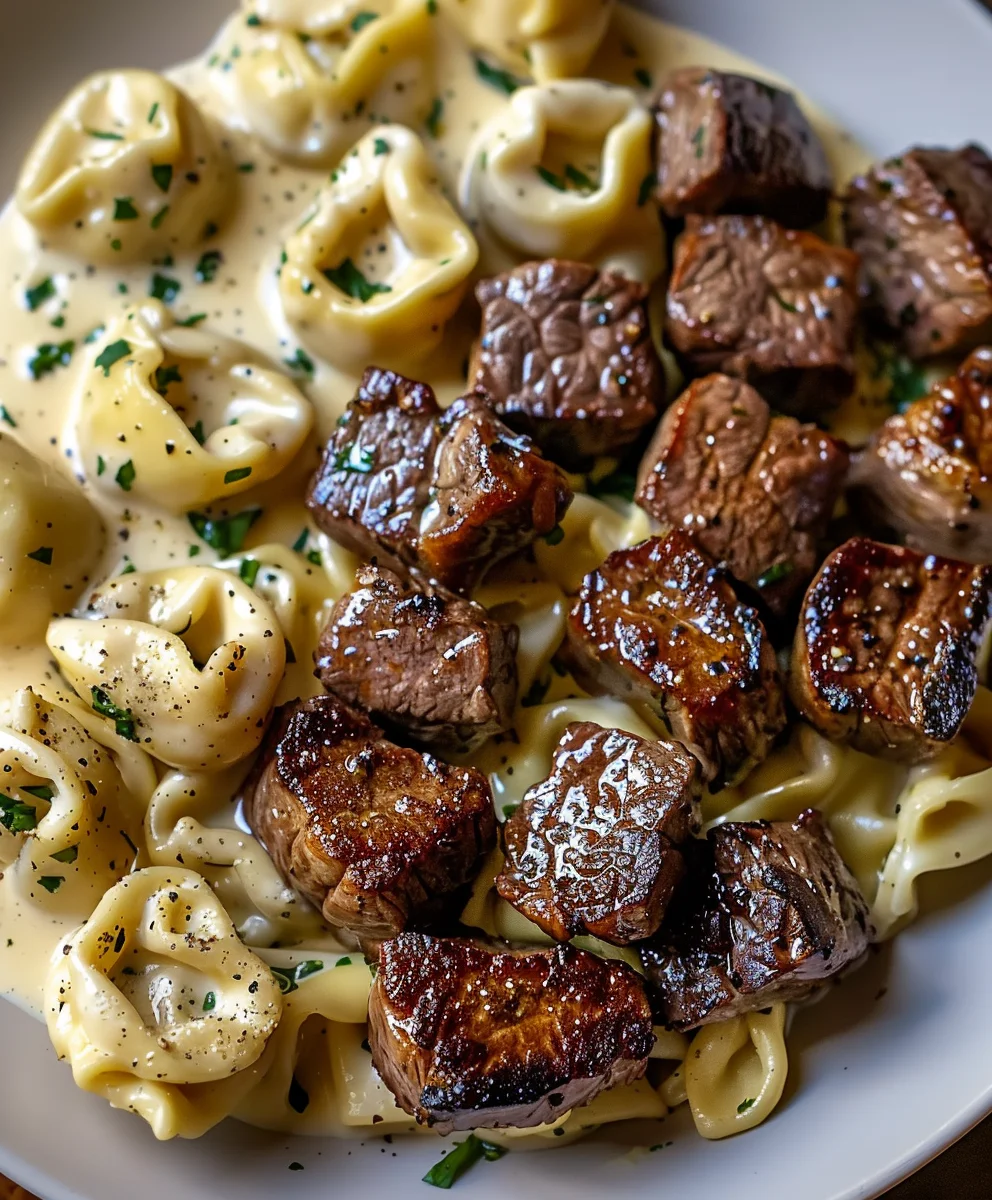 Juicy Garlic Butter Steak Bites & Creamy Alfredo Tortellini