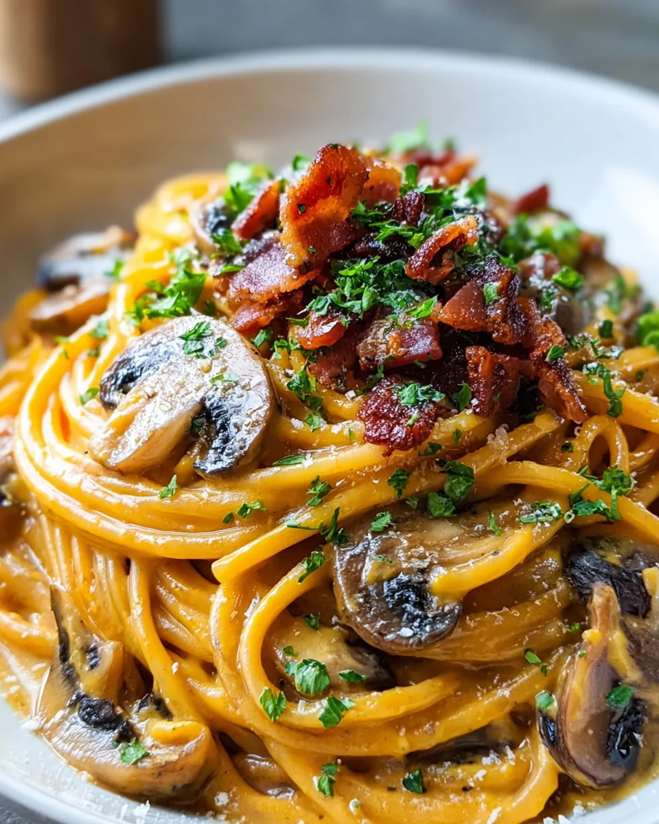Savory Pumpkin Mushroom Spaghetti & Crispy Beef Bacon Dinner