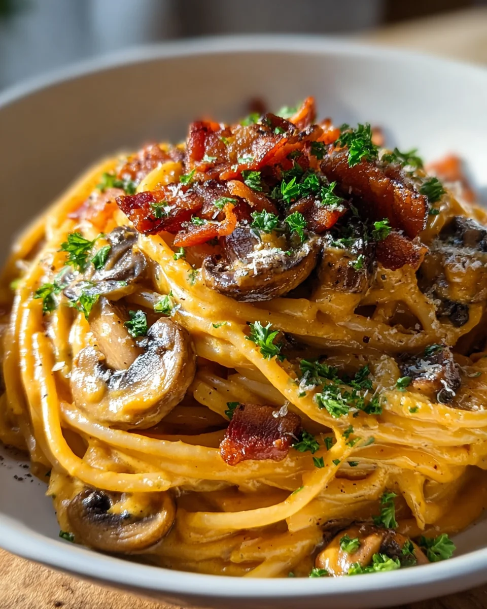 Savory Pumpkin Mushroom Spaghetti & Crispy Beef Bacon Dinner