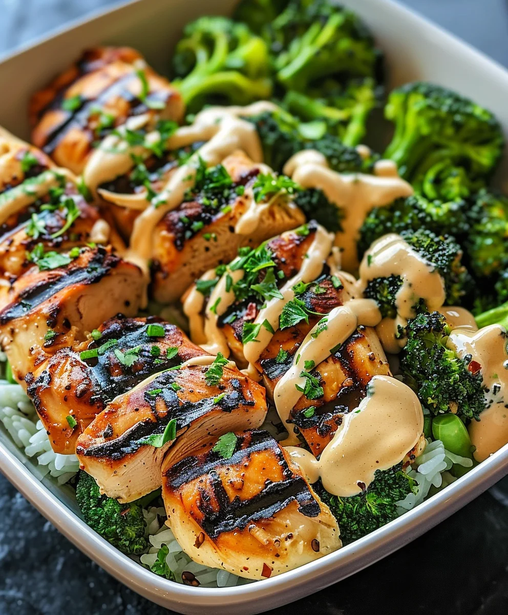 Grilled Chicken & Broccoli Bowls with Creamy Garlic Sauce