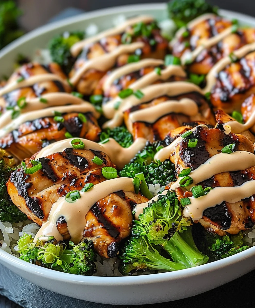 Grilled Chicken & Broccoli Bowls with Creamy Garlic Sauce