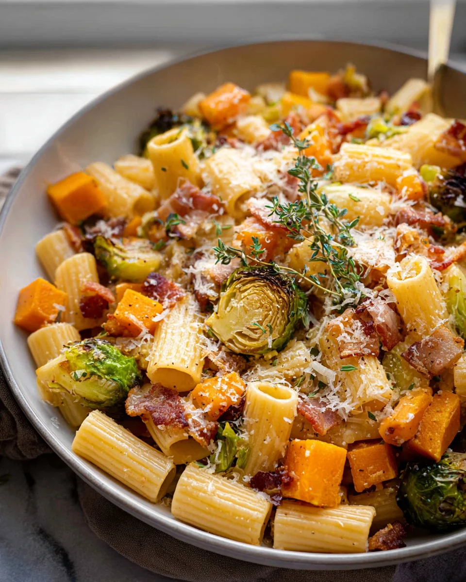 Savory Beef Bacon Brussels Sprouts Butternut Squash Pasta Recipe