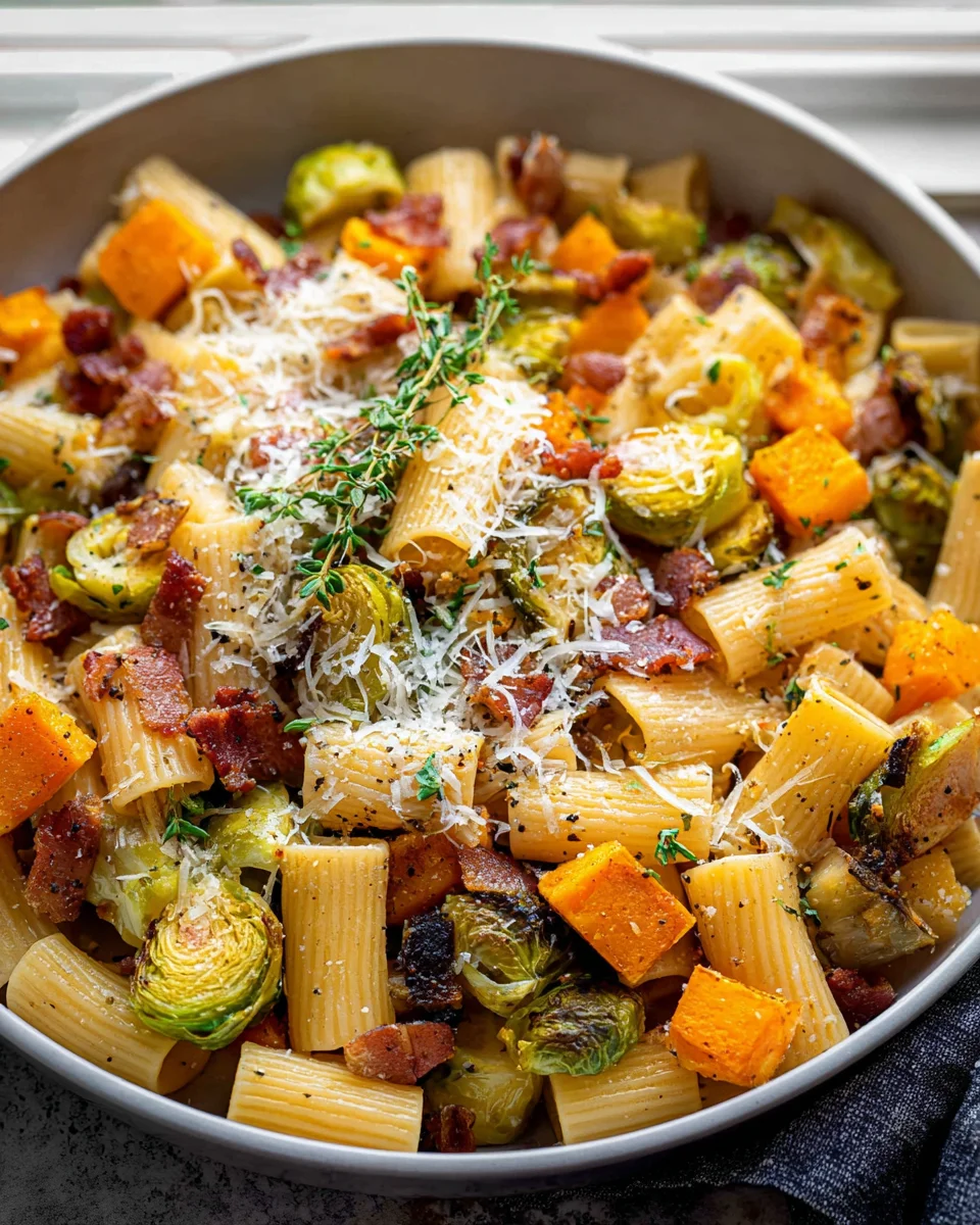 Savory Beef Bacon Brussels Sprouts Butternut Squash Pasta Recipe