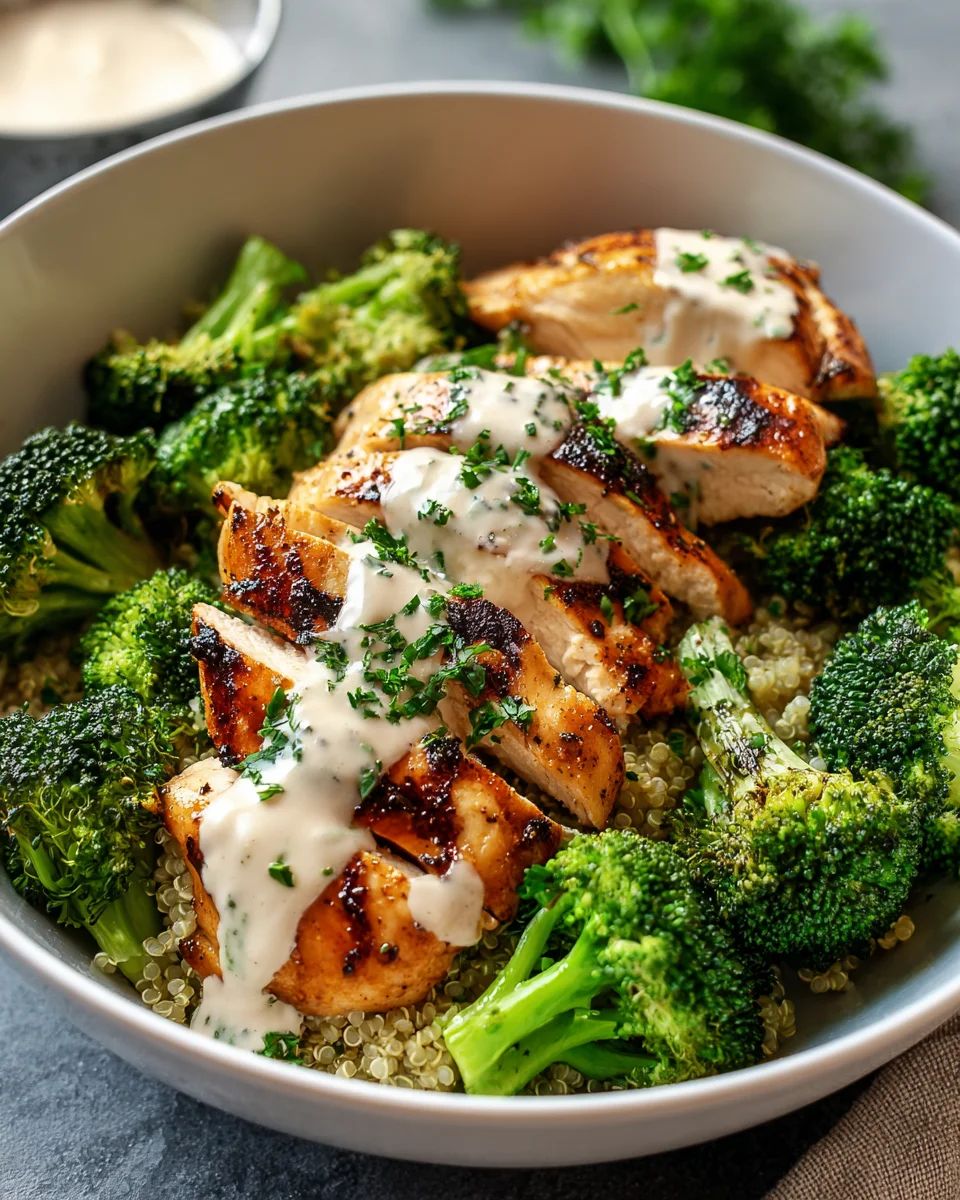 Grilled Chicken Broccoli Bowls with Creamy Garlic Sauce Recipe