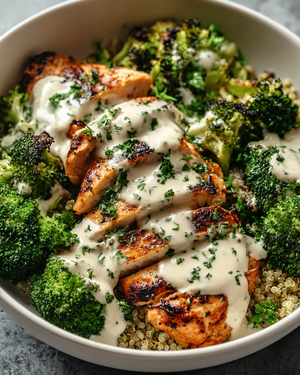 Grilled Chicken Broccoli Bowls with Creamy Garlic Sauce Recipe