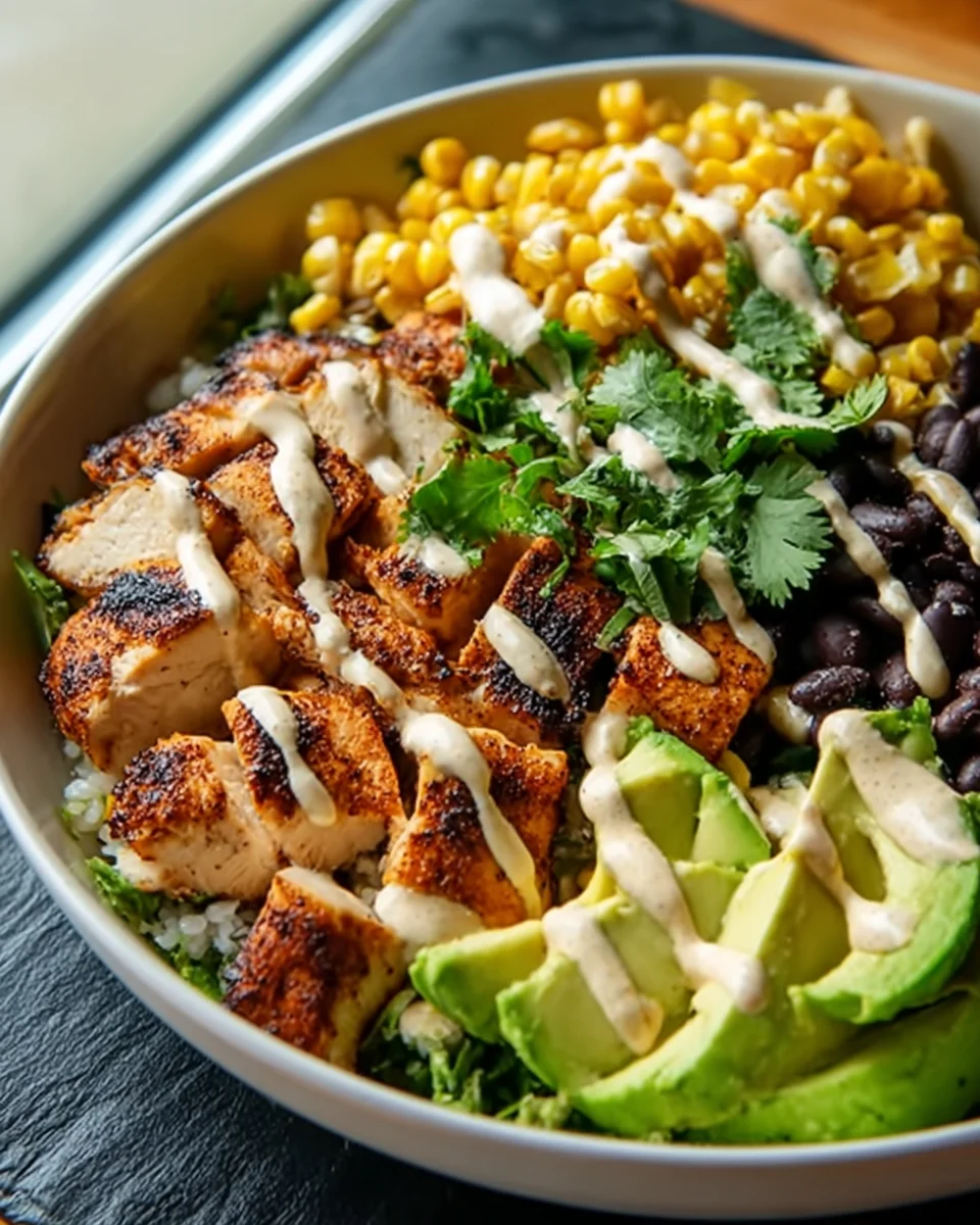 Chipotle Chicken Bowl: Creamy Sauce, Black Beans & Corn