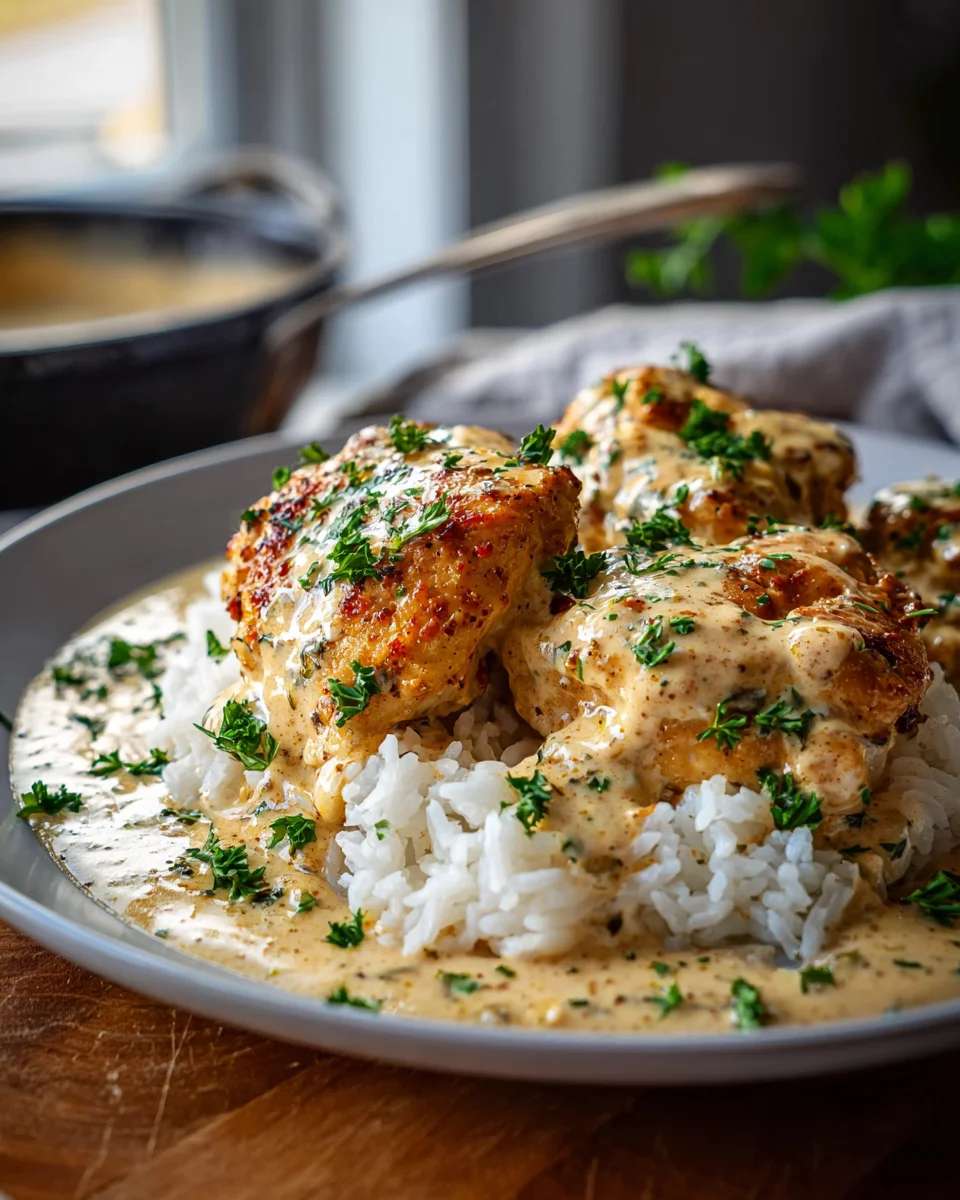 Easy Creamy Smothered Chicken and Rice Dinner Recipe Delight