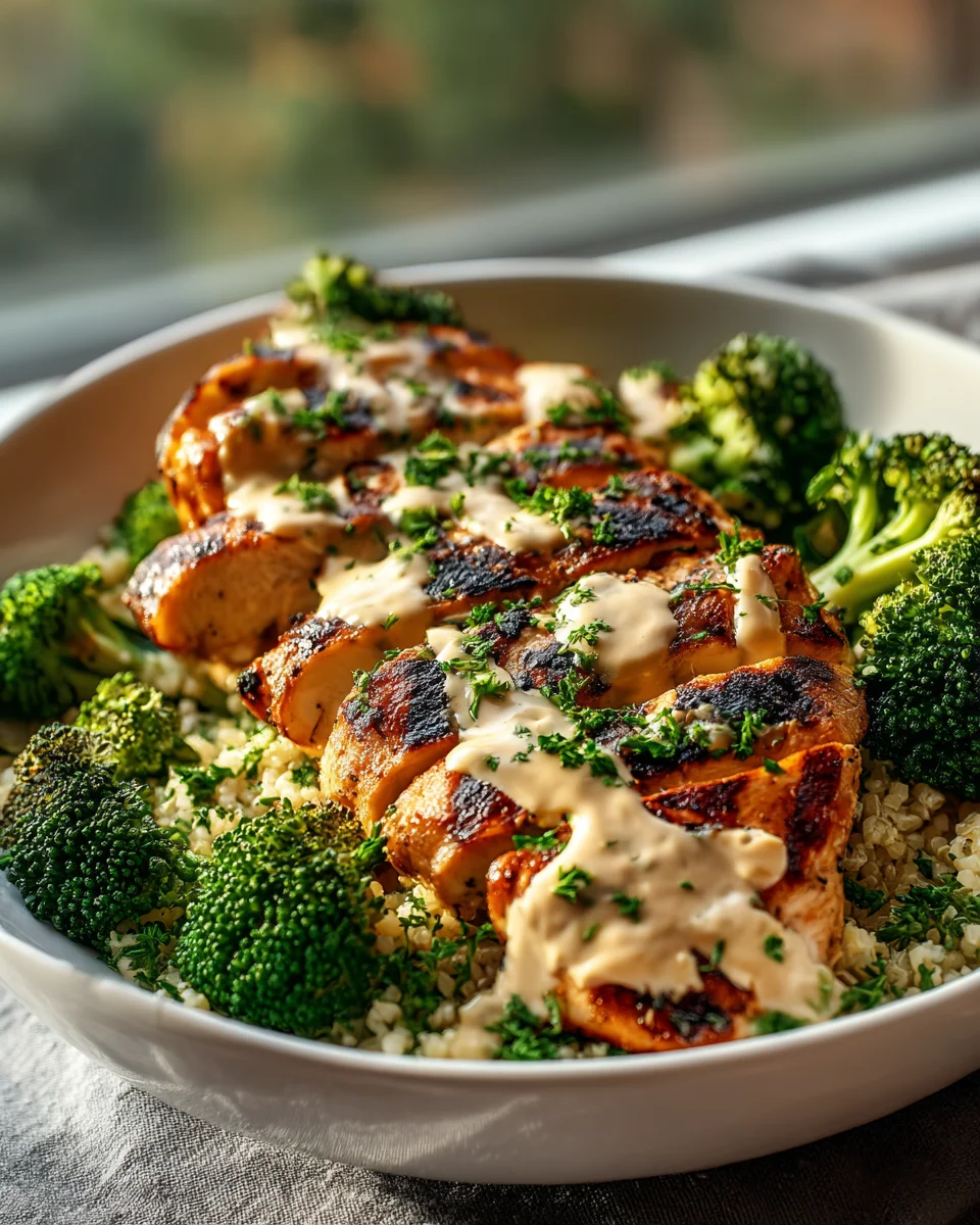 Flavorful Grilled Chicken Broccoli Bowls: Creamy Garlic Sauce