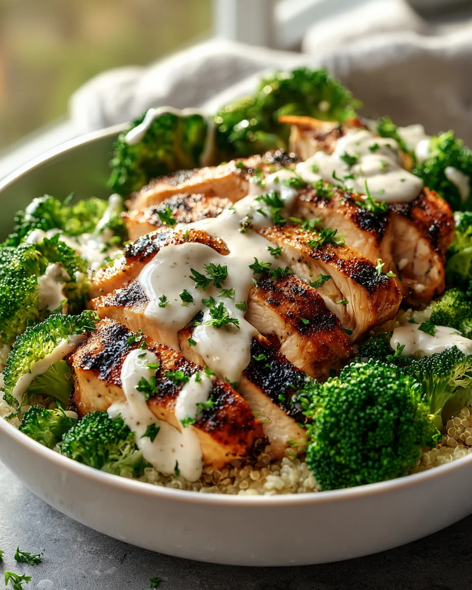 Flavorful Grilled Chicken Broccoli Bowls: Creamy Garlic Sauce