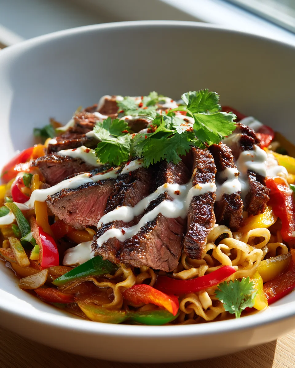 Ultimate Steak Fajita Noodle Bowl + Zesty Lime Crema!