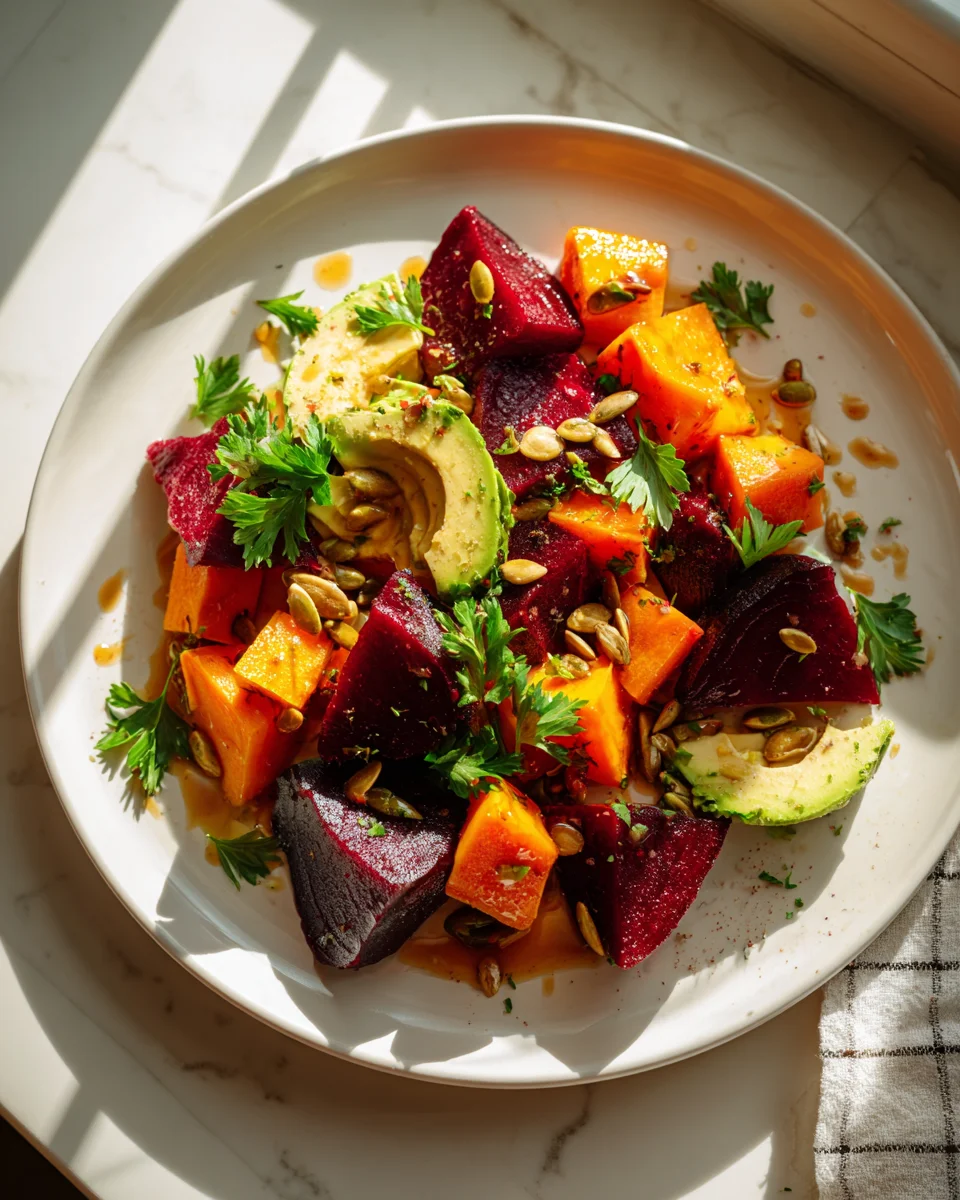 Best Roasted Beet & Sweet Potato Salad with Avocado & Vinaigrette