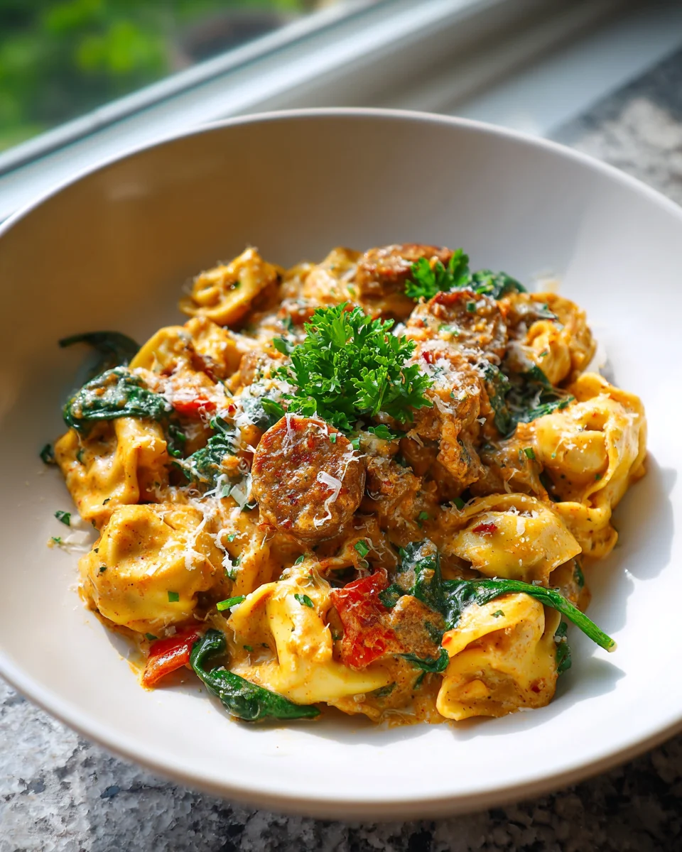 Easy Creamy Cajun Beef Sausage & Cheese Tortellini Skillet