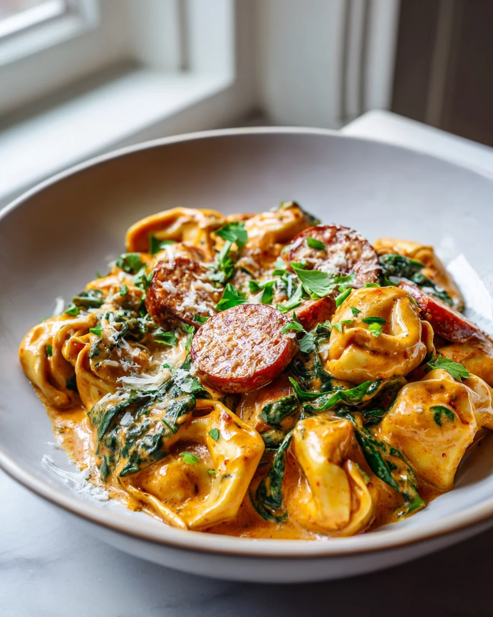 Easy Creamy Cajun Beef Sausage & Cheese Tortellini Skillet
