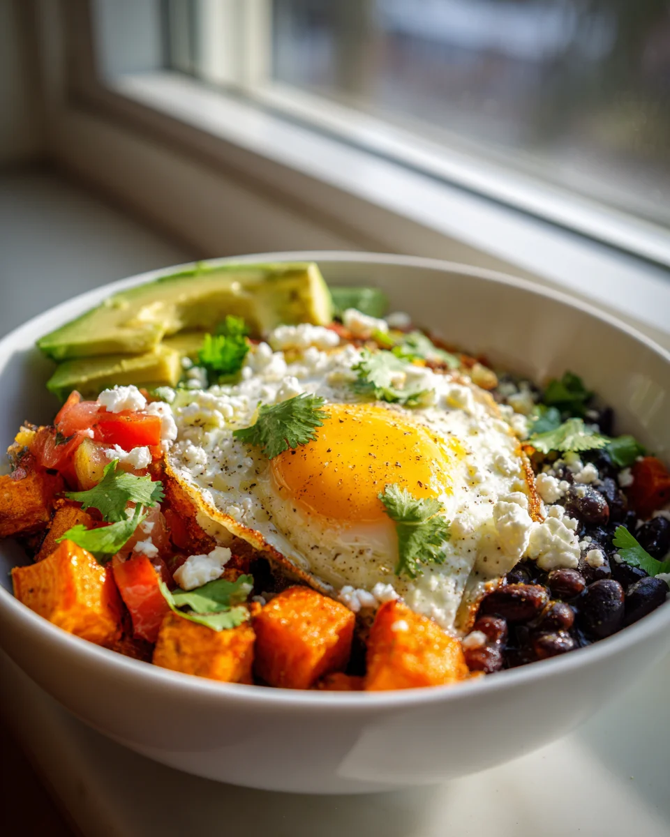Easy Breakfast Sweet Potato Taco Bowl with Fried Egg