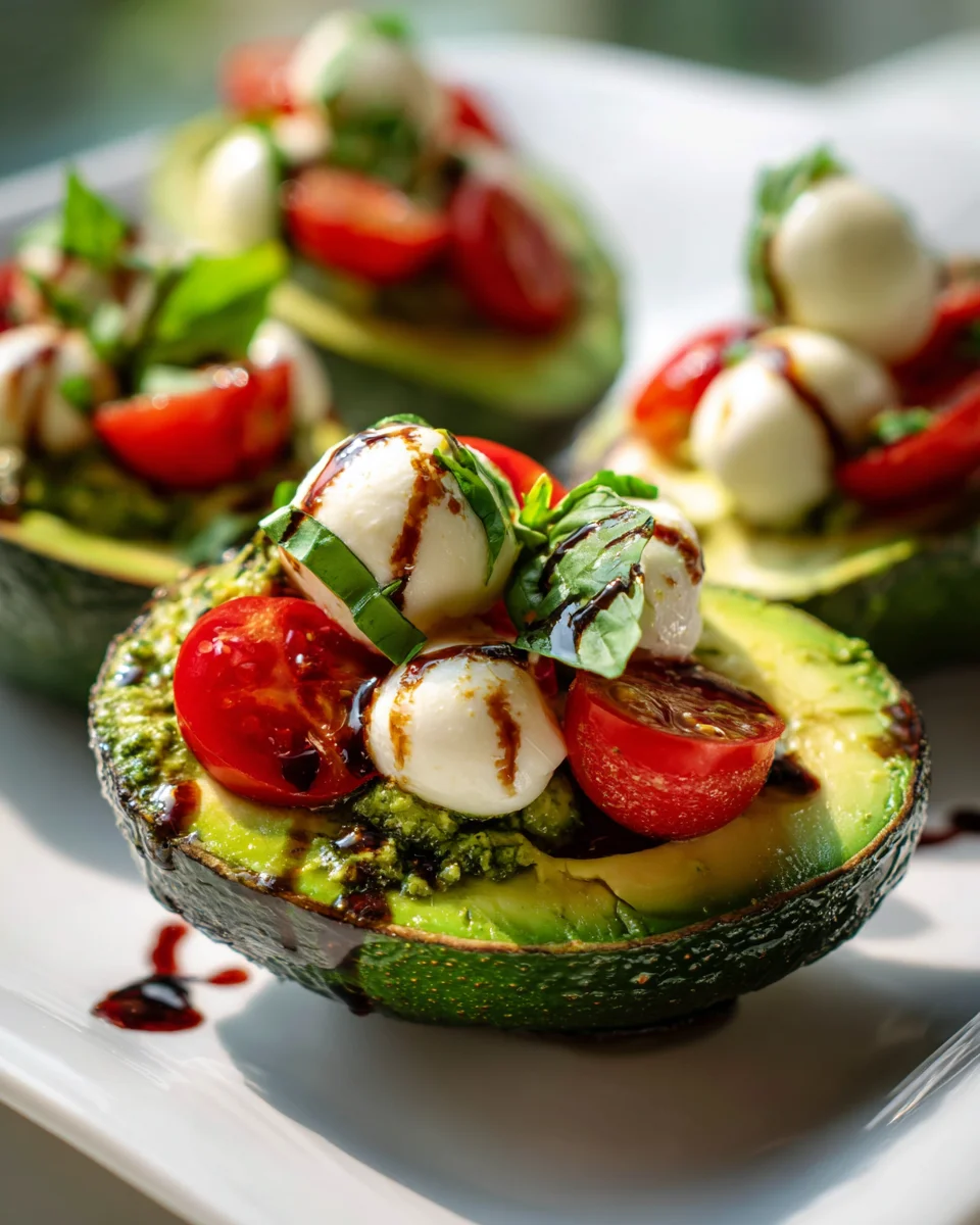 Delicious No Bake Pesto Caprese Stuffed Avocados - Perfect Appetizer!