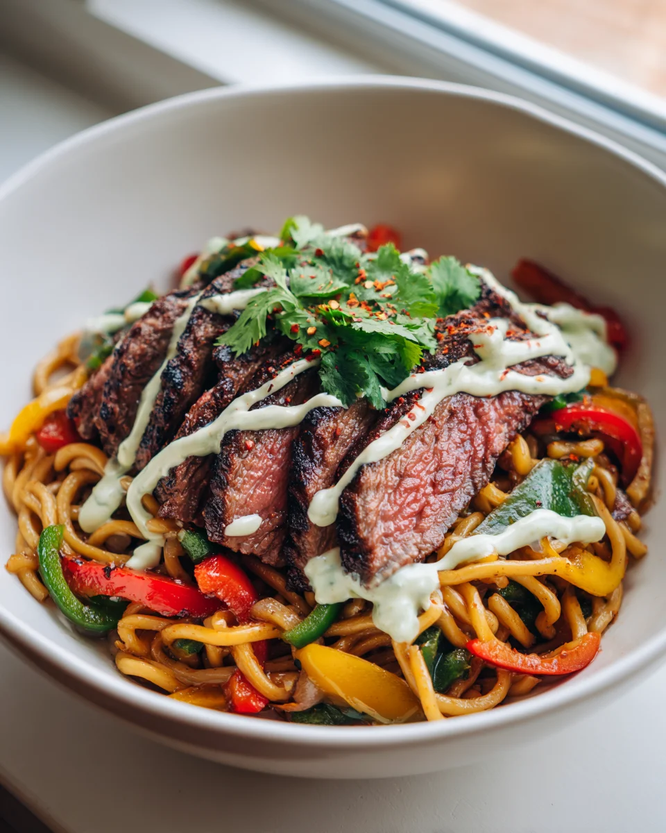 Ultimate Steak Fajita Noodle Bowl + Zesty Lime Crema!