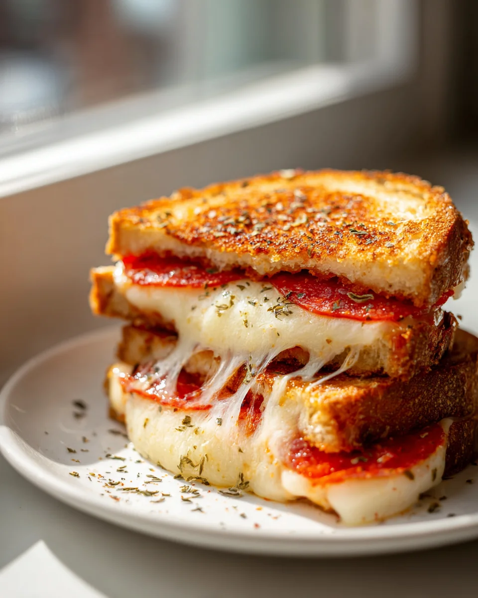 Pizza Grilled Cheese with Beef Pepperoni & Mozzarella Delight