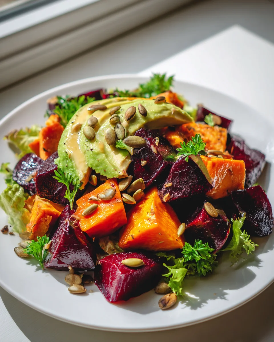 Best Roasted Beet & Sweet Potato Salad with Avocado & Vinaigrette