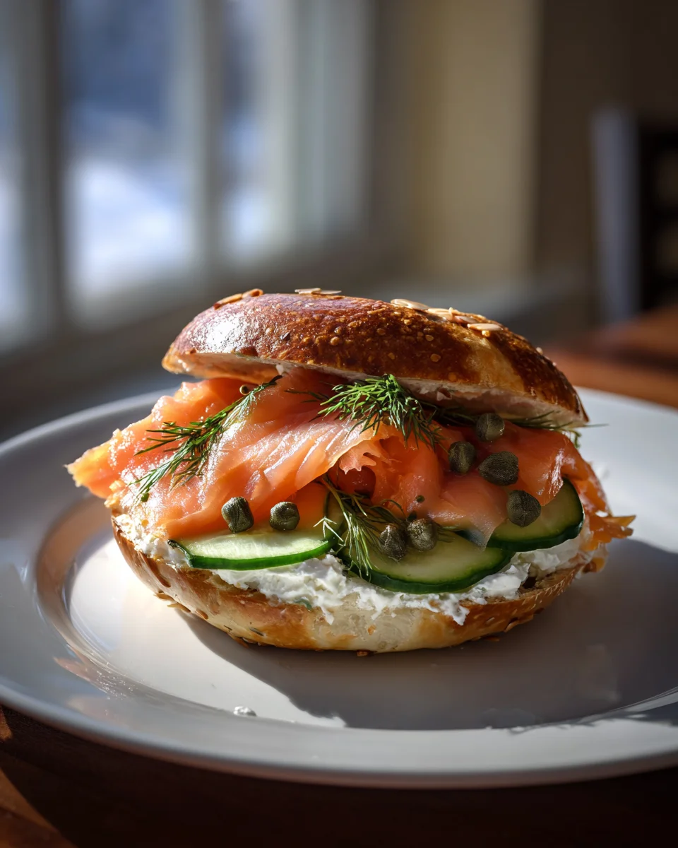 Delicious Smoked Salmon Bagel Sandwich w/ Cream Cheese & Cuc.