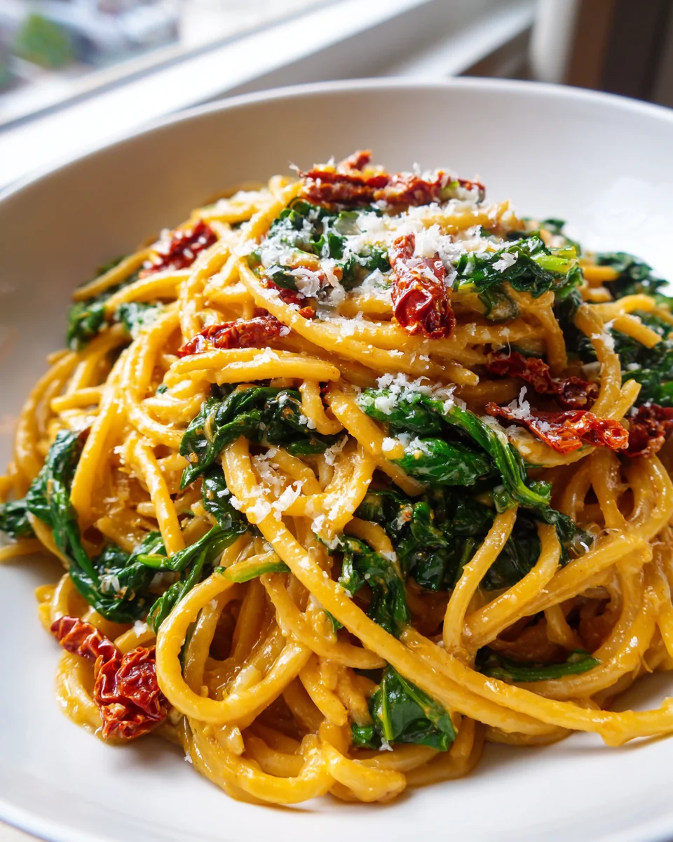 One Pan Creamy Sun Dried Tomato Spinach Pasta Recipe