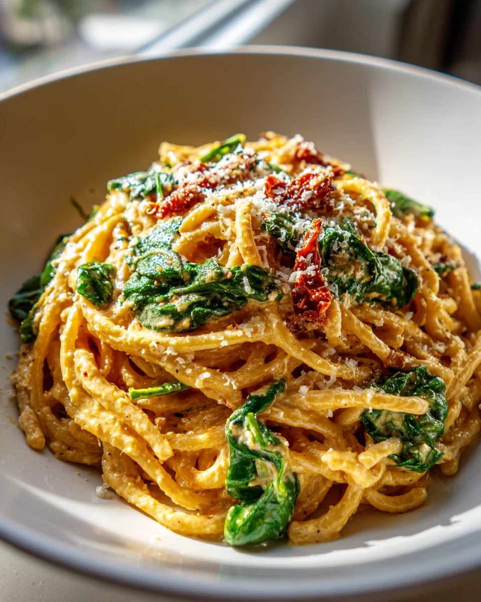 One Pan Creamy Sun Dried Tomato Spinach Pasta Recipe