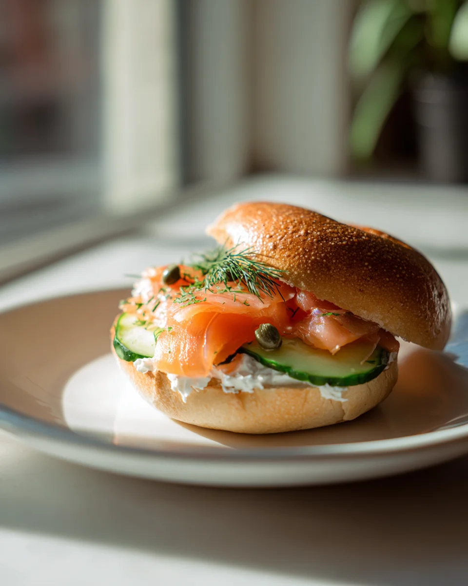 Delicious Smoked Salmon Bagel Sandwich w/ Cream Cheese & Cuc.