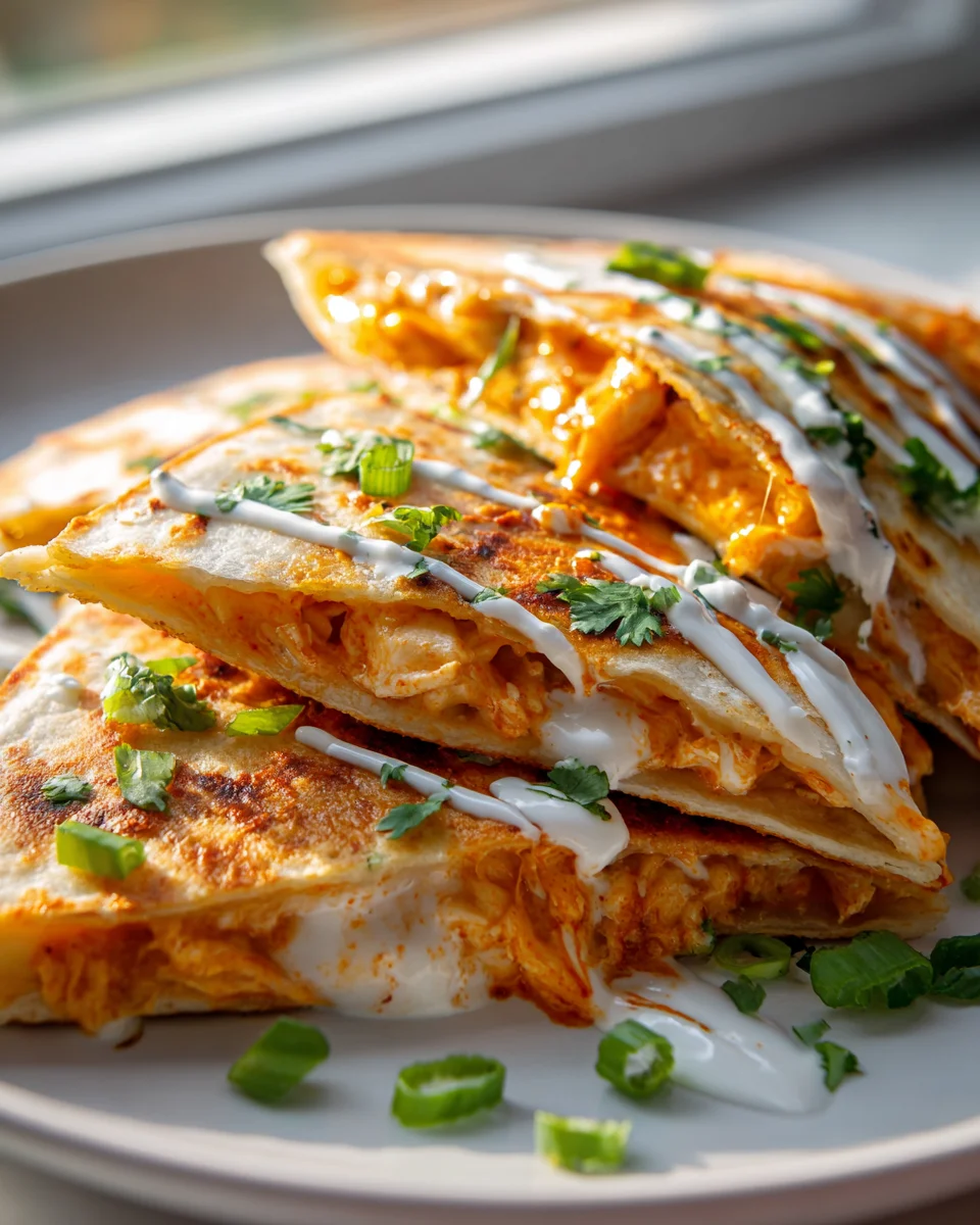 Buffalo Chicken Quesadillas with Ranch Drizzle - Quick & Tasty!
