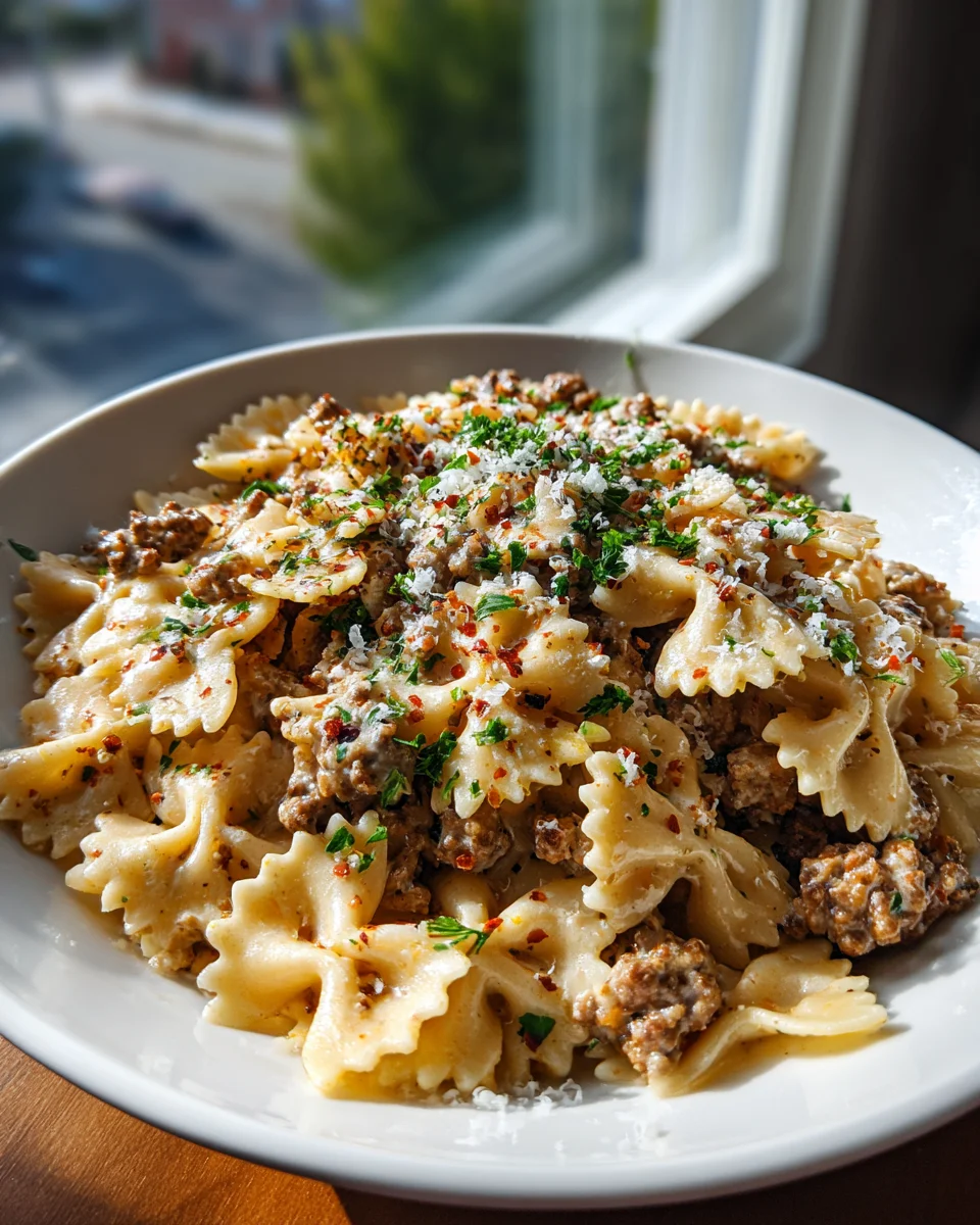 Zesty Cajun Cream Cheese Alfredo Bowties with Spiced Beef