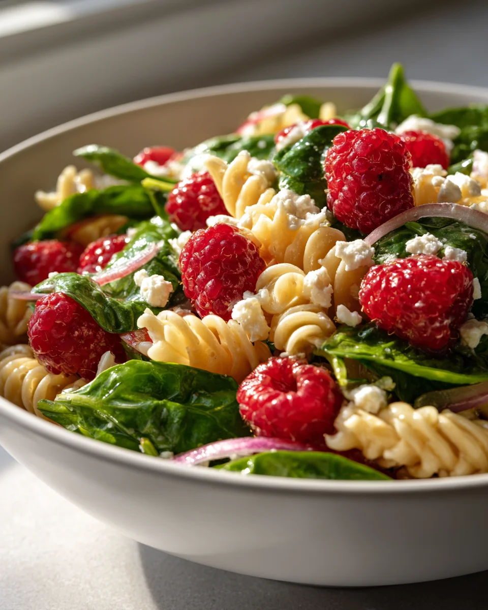 Raspberry Spinach Feta Pasta Salad: Light Summer Side