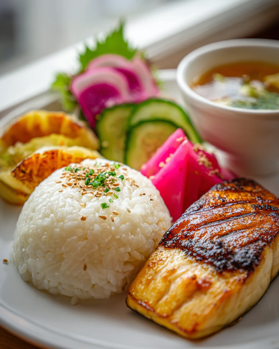 Healthy Japanese Breakfast Bento Box With Fish & Rice