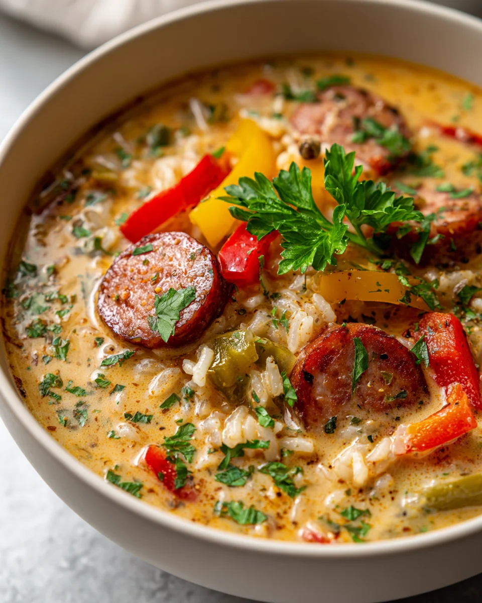 Comforting Cajun Beef Sausage & Rice Soup w/ Bell Peppers