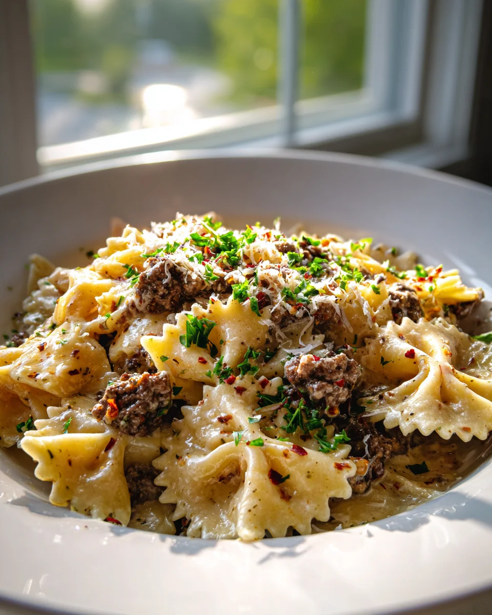 Zesty Cajun Cream Cheese Alfredo Bowties with Spiced Beef