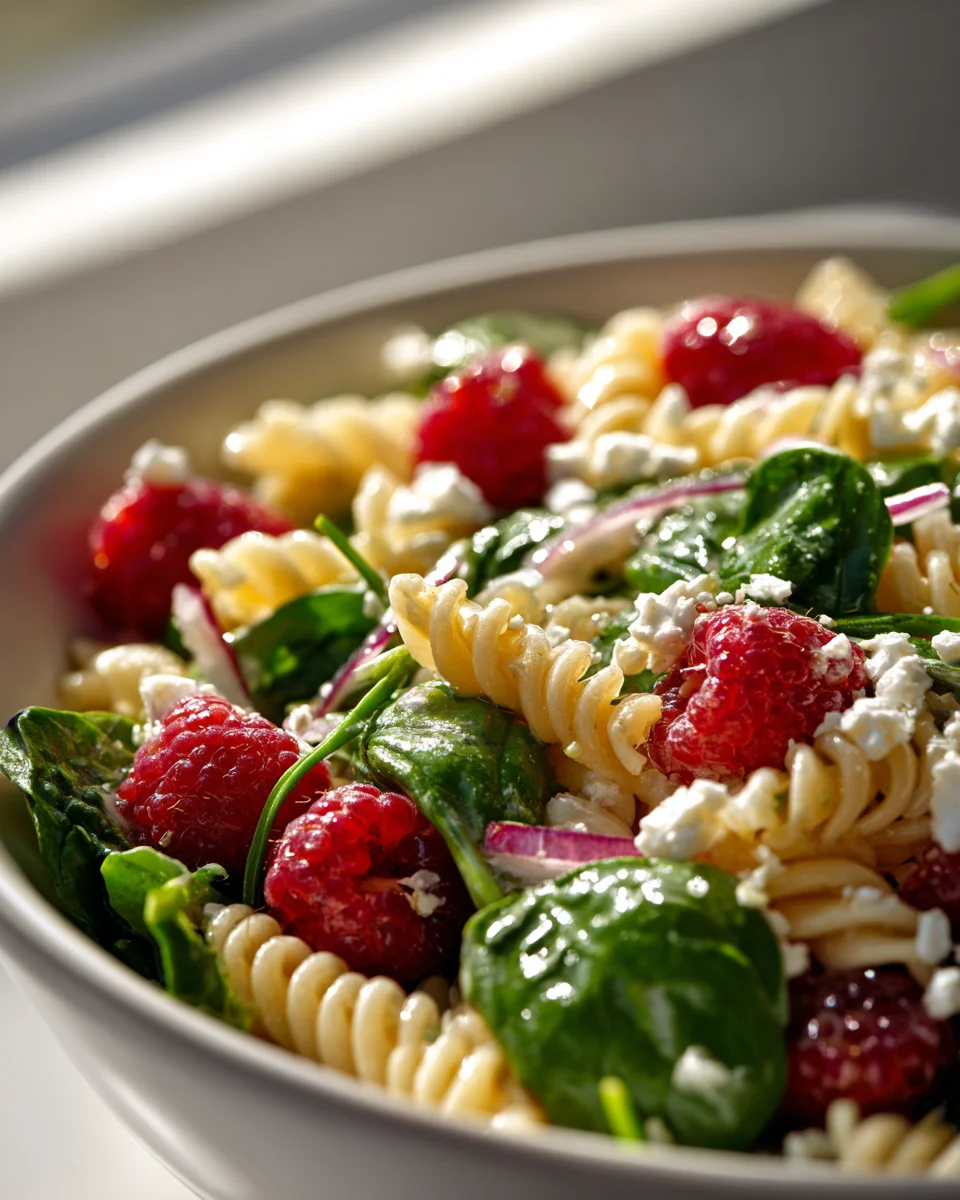 Raspberry Spinach Feta Pasta Salad: Light Summer Side