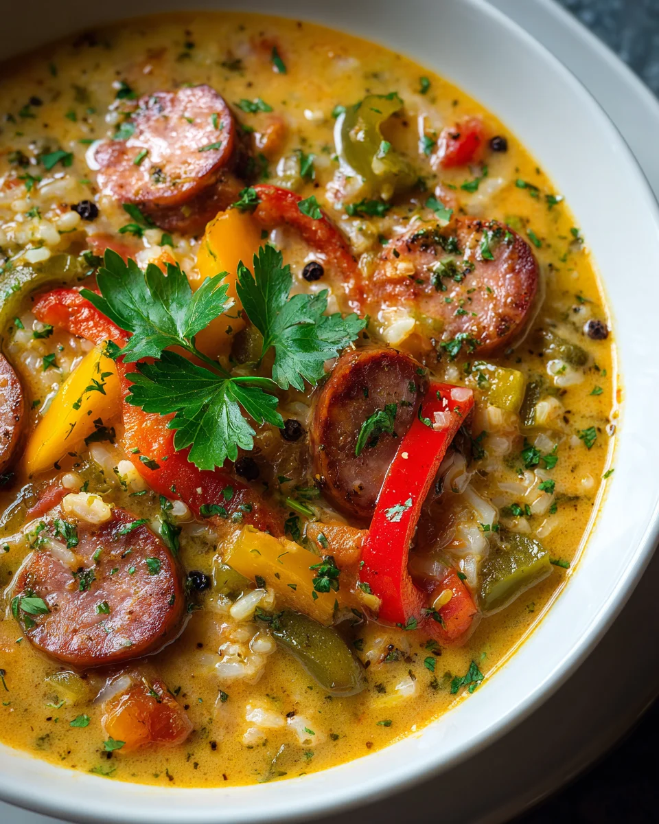 Comforting Cajun Beef Sausage & Rice Soup w/ Bell Peppers